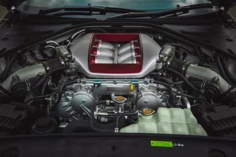 V6 Biturbo Engine of a very powerful Japanese Supercar Stock Photos