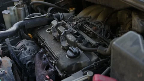V6 Car Engine In Hood With Spark Plug And Coil Out Car Repair Cinematic 4K Stock-Footage 140271226