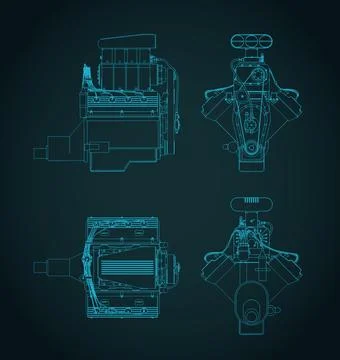 V8 car engine with blower blueprints illustration Stock Illustration