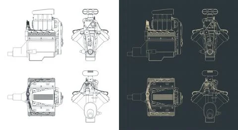 V8 car engine with blower blueprints 스톡 일러스트