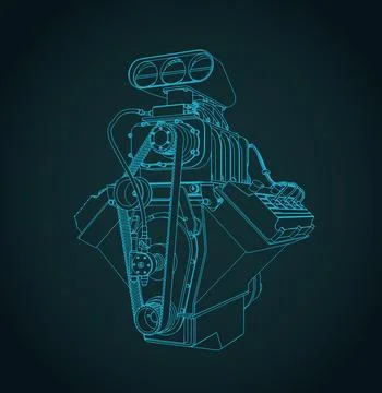 V8 car engine with blower isometric blueprint illustration 库存插图