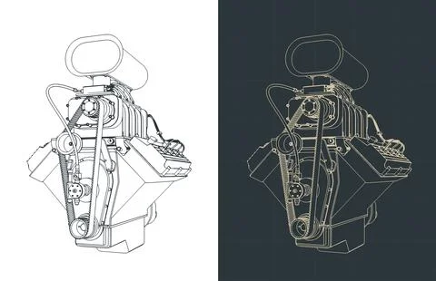 V8 car engine with blower isometric blueprints Stock Illustration