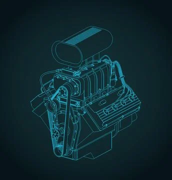 V8 car engine with blower isometric blueprint Stock Illustration
