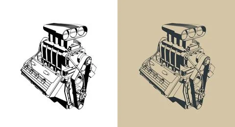 V8 car engine with supercharger illustrations 库存插图