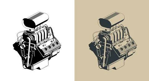 V8 car engine with supercharger isometric illustrations 库存插图