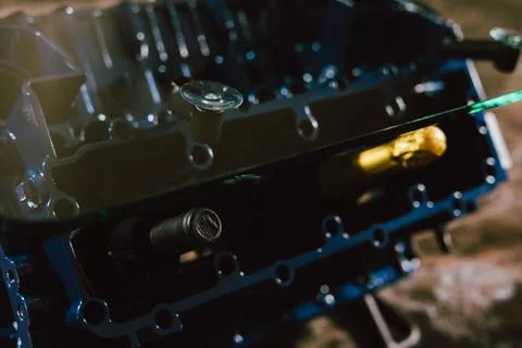 V8 Engine block table, painted in blue color. Loft stylish table furniture wi Stock Photos