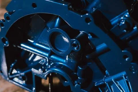 V8 Engine block table, painted in blue color. Loft stylish table furniture wi Stock Photos