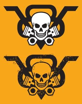 V8 Engine Emblem with Skull and Pistons Stock Illustration