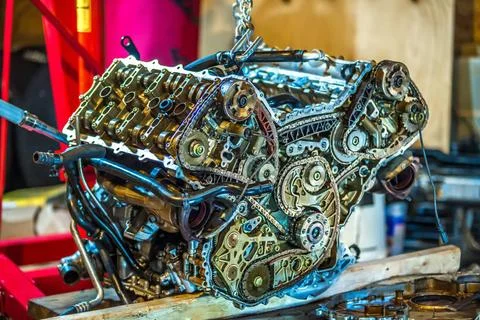  v8 engine out on hoist to get rebuilt v8 engine out on hoist to get rebui... 库存照片