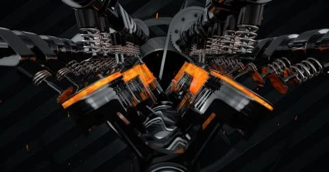 V8 Engine Rendering With Explosions And Sparks. Illustrazione stock