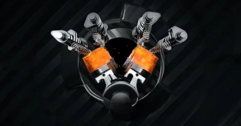 V8 Engine Rendering With Explosions And Sparks. Rotating Machines On Background Stock Illustration