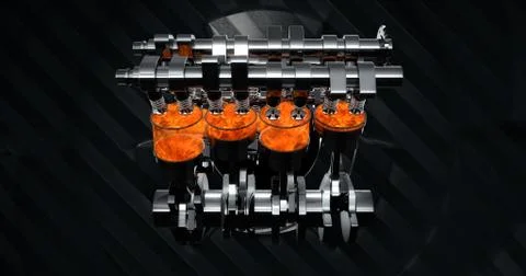 V8 Engine Rendering With Explosions And Sparks. Rotating Machines On Background Illustrazione stock