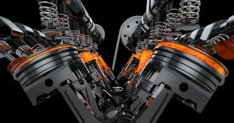 V8 Engine Rendering With Explosions. Illustrazione stock