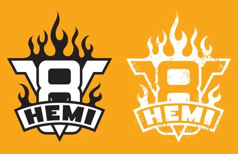 V8 Hemi engine emblem with flames and grunge option Stock Illustration