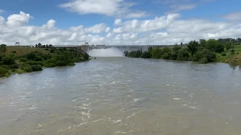 Vaal River in flood beneath the dam wall Stock Footage 278058548