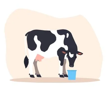 Vaca con un cubo de color azul alimento o agua  de leche. Stock Illustration