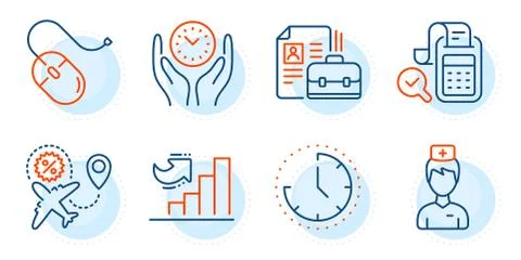 Vacancy, Time and Growth chart icons set. Doctor, Flight sale and Computer mouse Illustrazione stock