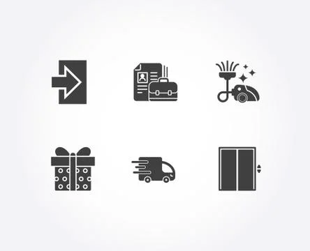 Vacancy, Vacuum cleaner and Gift box icons. Login, Truck delivery and Lift signs Stock Illustration