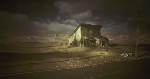 Vacant frontier station situated on open plains beneath looming dark skies Stock Footage 333561288
