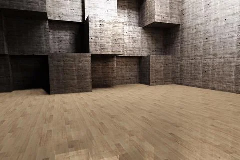 Vacant geometric interior space showing 3D render of concrete block walls and Stockillustratie