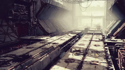 Vacant metallic passageway lit by sunbeams with decayed industrial features Stock Footage 334338258