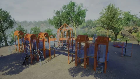 Vacant play area bathed in warm light invites families and neighbors Stock Footage 339796217