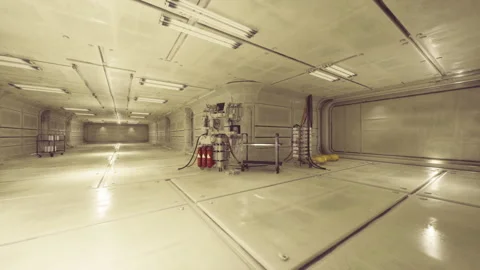 Vacant spaceship bay featuring reflective surfaces and lighting Stock Footage 333991634
