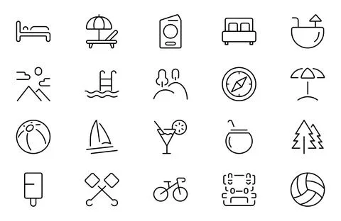 Vacation and Outing icon set. Contain linear symbols camp, tent, hiking, to.. Stock Illustration