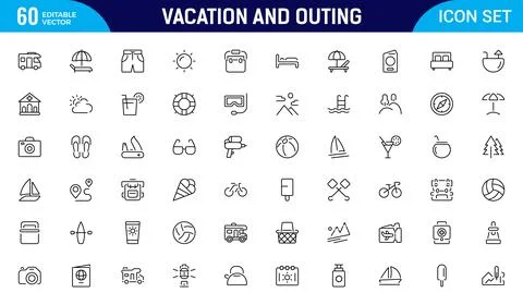 Vacation and Outing icon set. Contain linear symbols camp, tent, hiking, to.. Stock Illustration