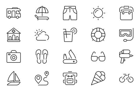 Vacation and Outing icon set. Contain linear symbols camp, tent, hiking, to.. Stock Illustration