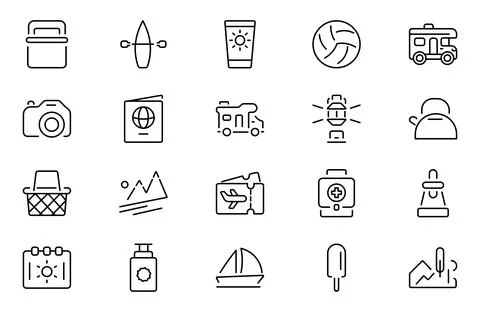 Vacation and Outing icon set. Contain linear symbols camp, tent, hiking, to.. Stock Illustration