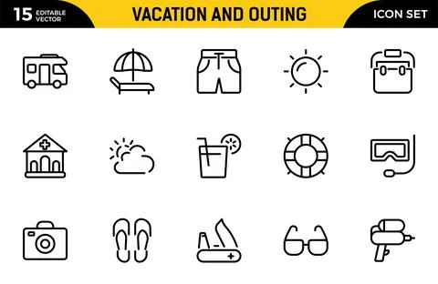 Vacation and Outing icon set. Contain linear symbols camp, tent, hiking, to.. Illustrazione stock