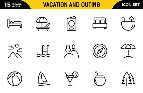Vacation and Outing icon set. Contain linear symbols camp, tent, hiking, to.. Stock Illustration