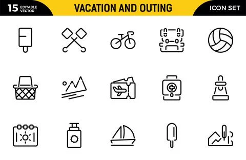 Vacation and Outing icon set. Contain linear symbols camp, tent, hiking, to.. Stock Illustration