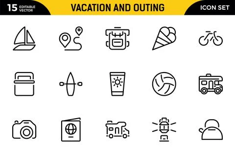 Vacation and Outing icon set. Contain linear symbols camp, tent, hiking, to.. Stock Illustration