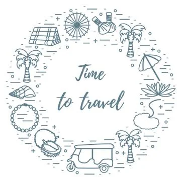 Vacation and travel elements arranged in a circle. Illustrazione stock