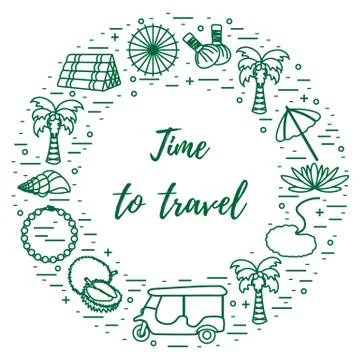 Vacation and travel elements arranged in a circle. 스톡 일러스트