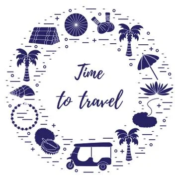 Vacation and travel elements arranged in a circle. Illustrazione stock