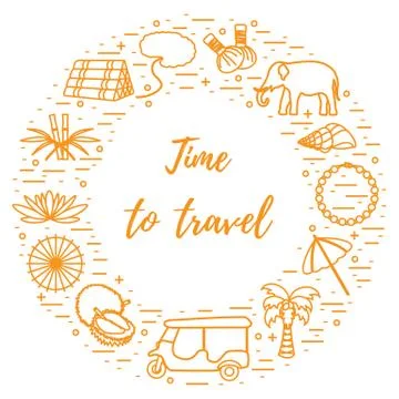 Vacation and travel elements arranged in a circle. 스톡 일러스트