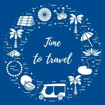 Vacation and travel elements arranged in a circle. Stock Illustration