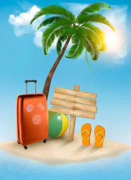 Vacation background. beach with palm tree, suitcase and flip flops. vector. Stock Illustration