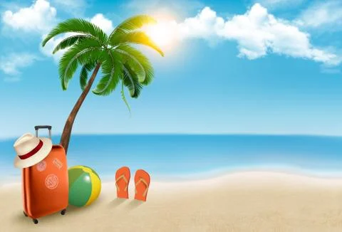Vacation background. beach with palm tree, suitcase and flip flops. vector. Stock Illustration