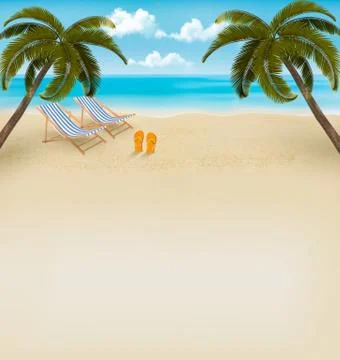 Vacation background. beach with palm trees and flip flops. vector. Illustrazione stock