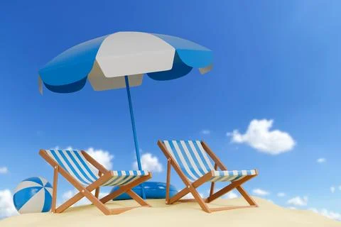 Vacation beach landscape with elements of beach chairs, sea, blue umbrella .. Illustrazione stock