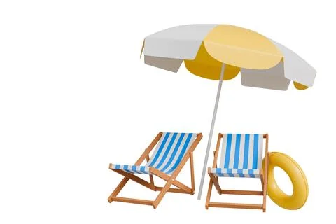 Vacation beach landscape with elements of beach chairs, sea, yellow umbrell.. Illustrazione stock