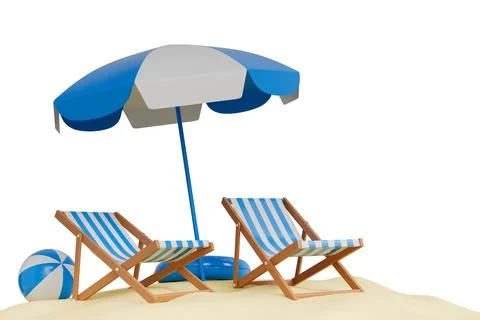 Vacation beach landscape with elements of beach chairs, sea, blue umbrella .. Stock Photos