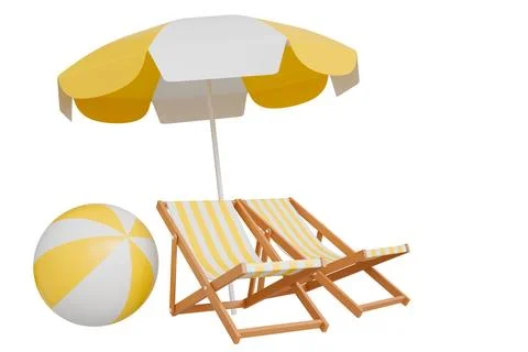 Vacation beach landscape with elements of beach chairs, sea, yellow umbrell.. Stock Photos