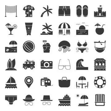 Vacation on the beach, solid icon set Stock Illustration