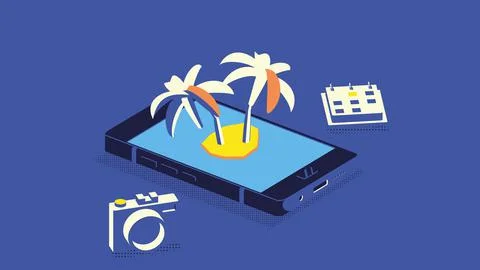 Vacation booking flat isometric low poly vector concept. Palms, photo camera and Stock Illustration