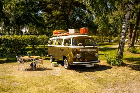 Vacation with camping bus Stock Photos